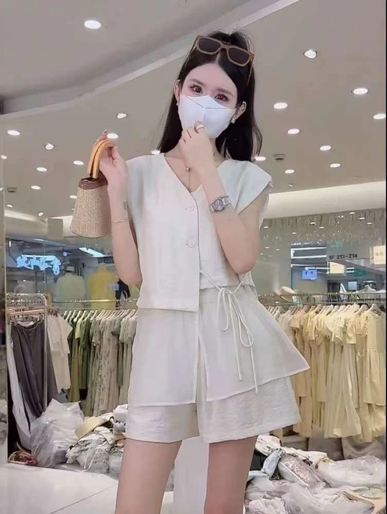达96款气质绑带无袖上衣夏季短裤显瘦套装女