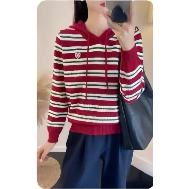 838-【红-笑脸条纹帽衫】高级感气质针织女毛衣