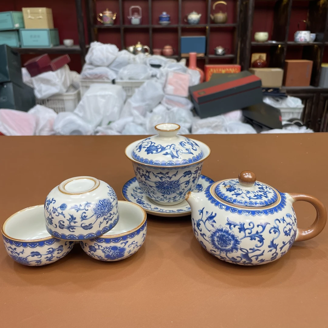 【闪购链接】yw032青花缠枝莲一壶一盖碗3杯