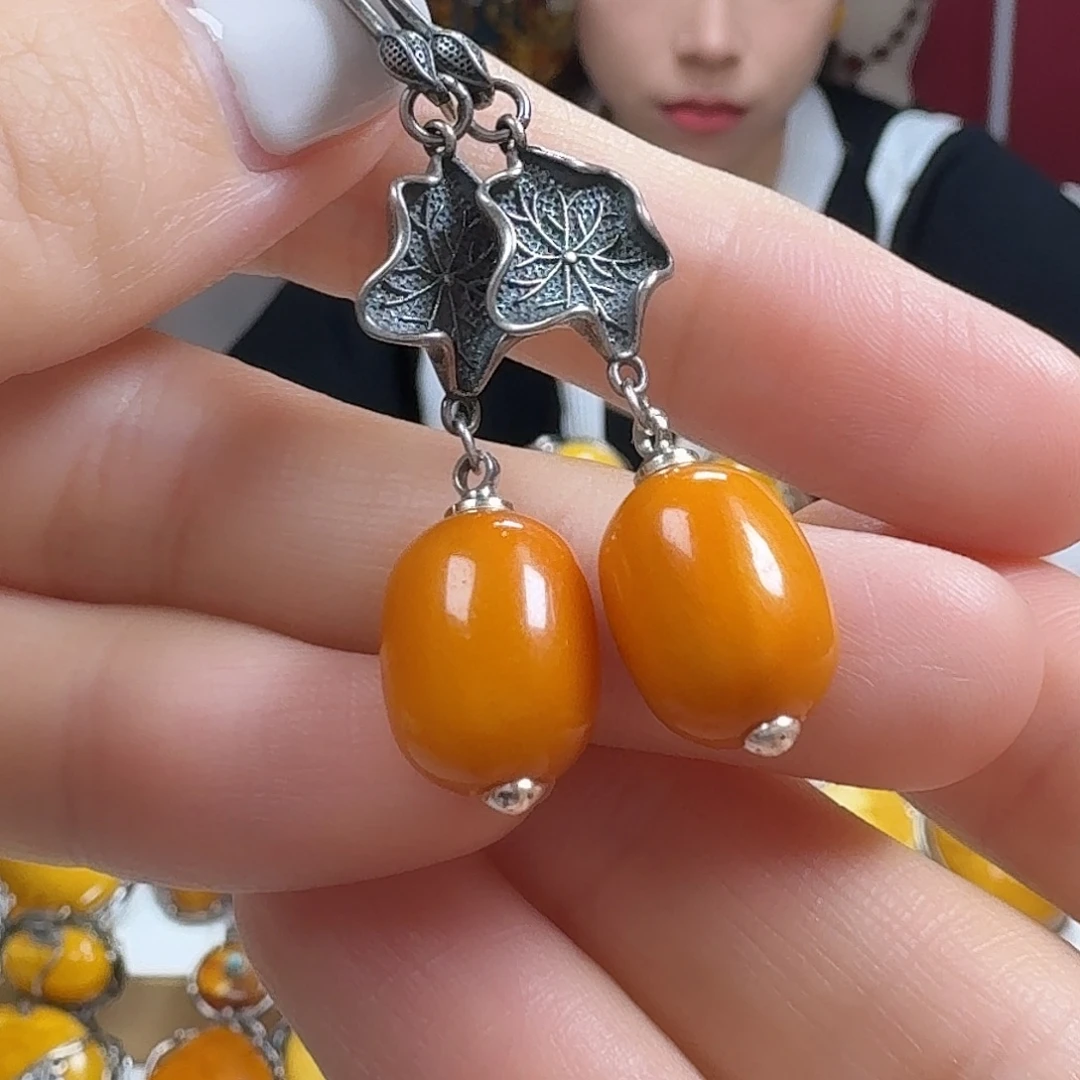 蜜蜡银S925镶嵌耳饰耳坠