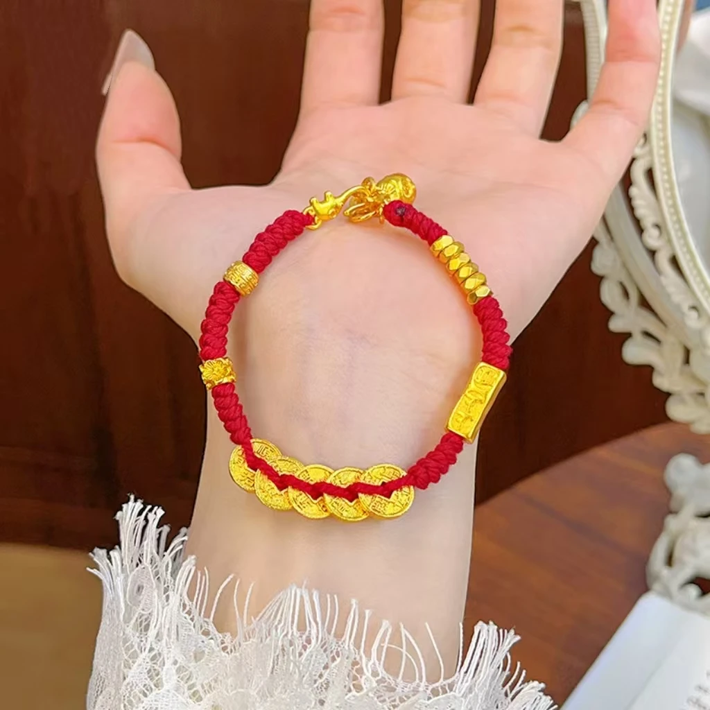 铜合金布艺手链 五帝钱本命年手工编织铜镀K金红绳手链24层中国风