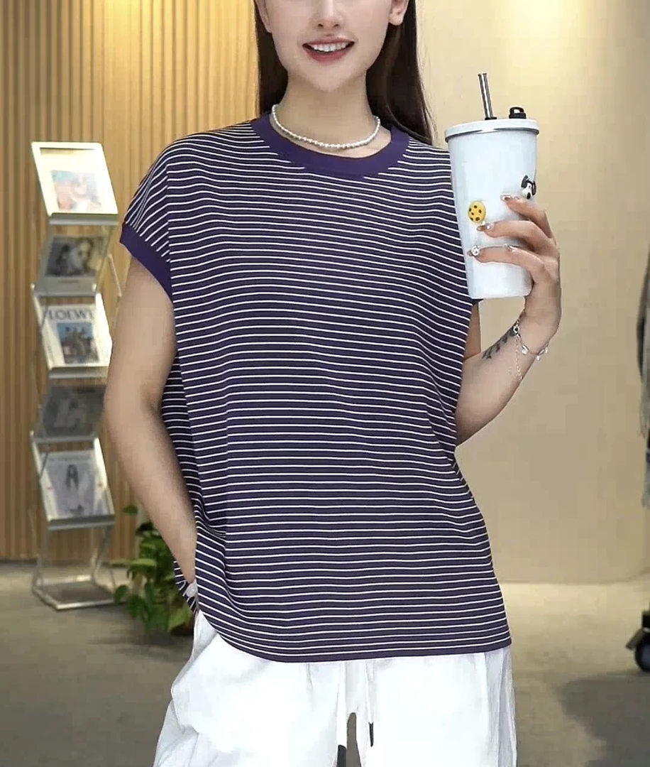 【GZFR】夏季新款条纹圆领短袖百搭休闲显瘦蝙蝠袖上衣打底针织女衫