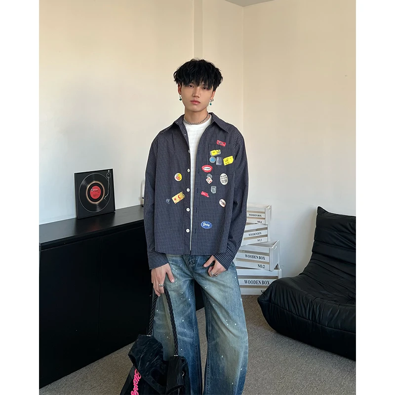 XENON 美式复古趣味贴纸印花衬衫外套男女Vintage格纹休闲上衣潮