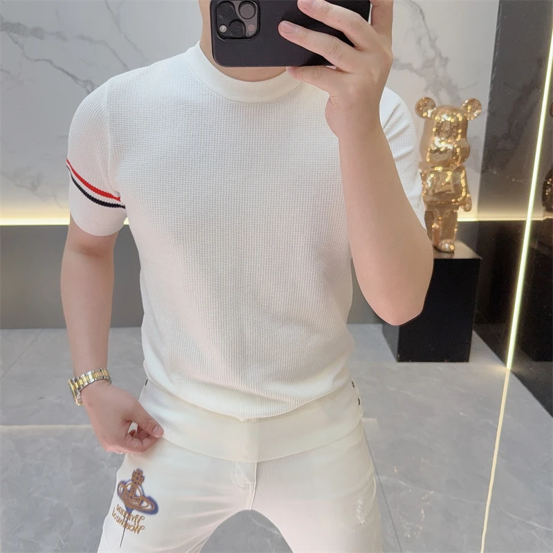 2025夏季新款高端潮牌时尚简约条纹短袖上衣男士修身弹力薄款半袖