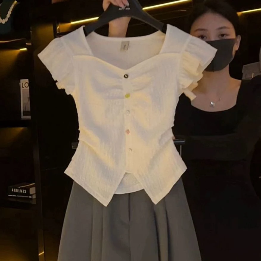 设计感小众方领短袖t恤女2025新款夏季休闲百搭褶皱修身显瘦上衣