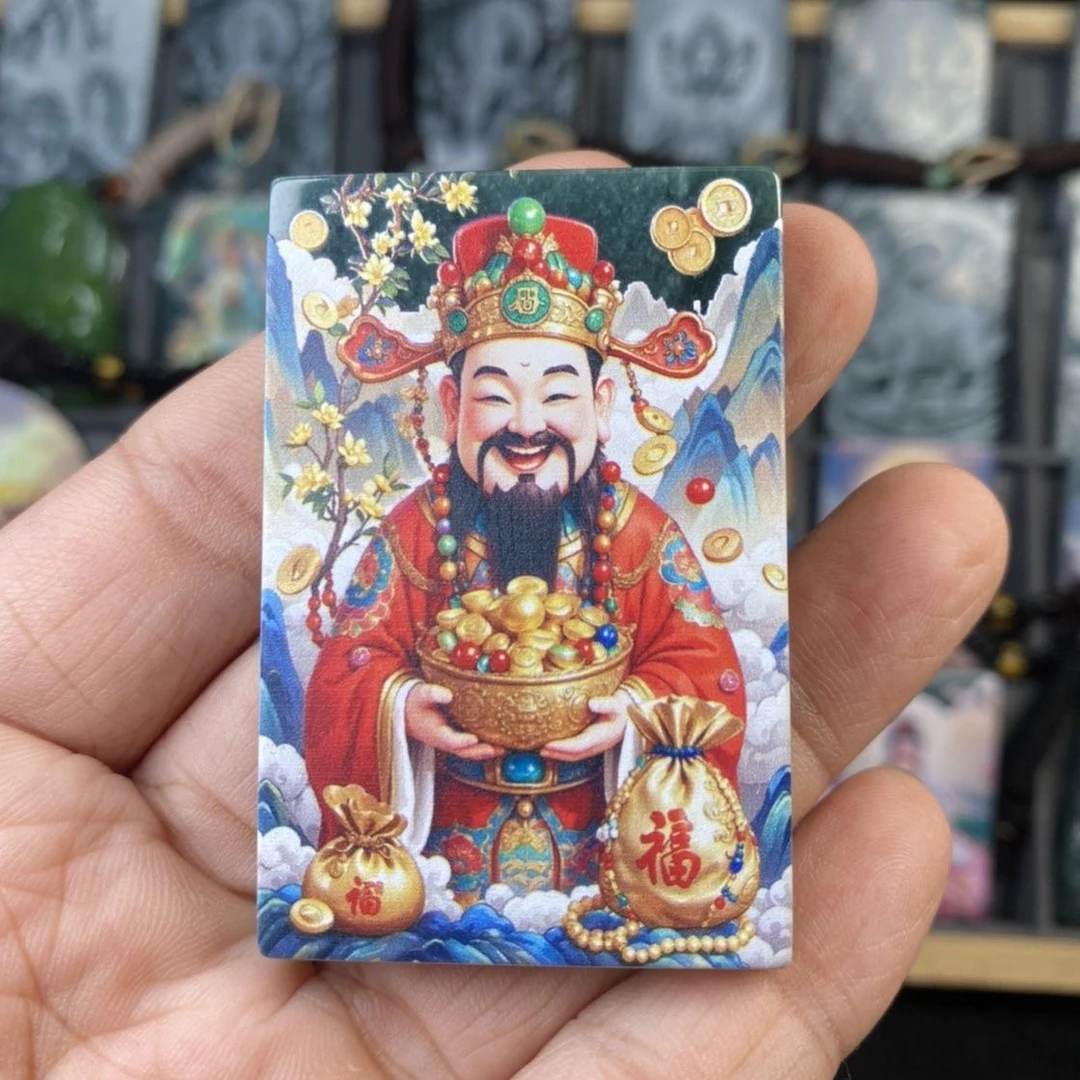 马年招财天然a货翡翠玉石彩绘财神爷吊坠背面玉马牌高级男女首饰