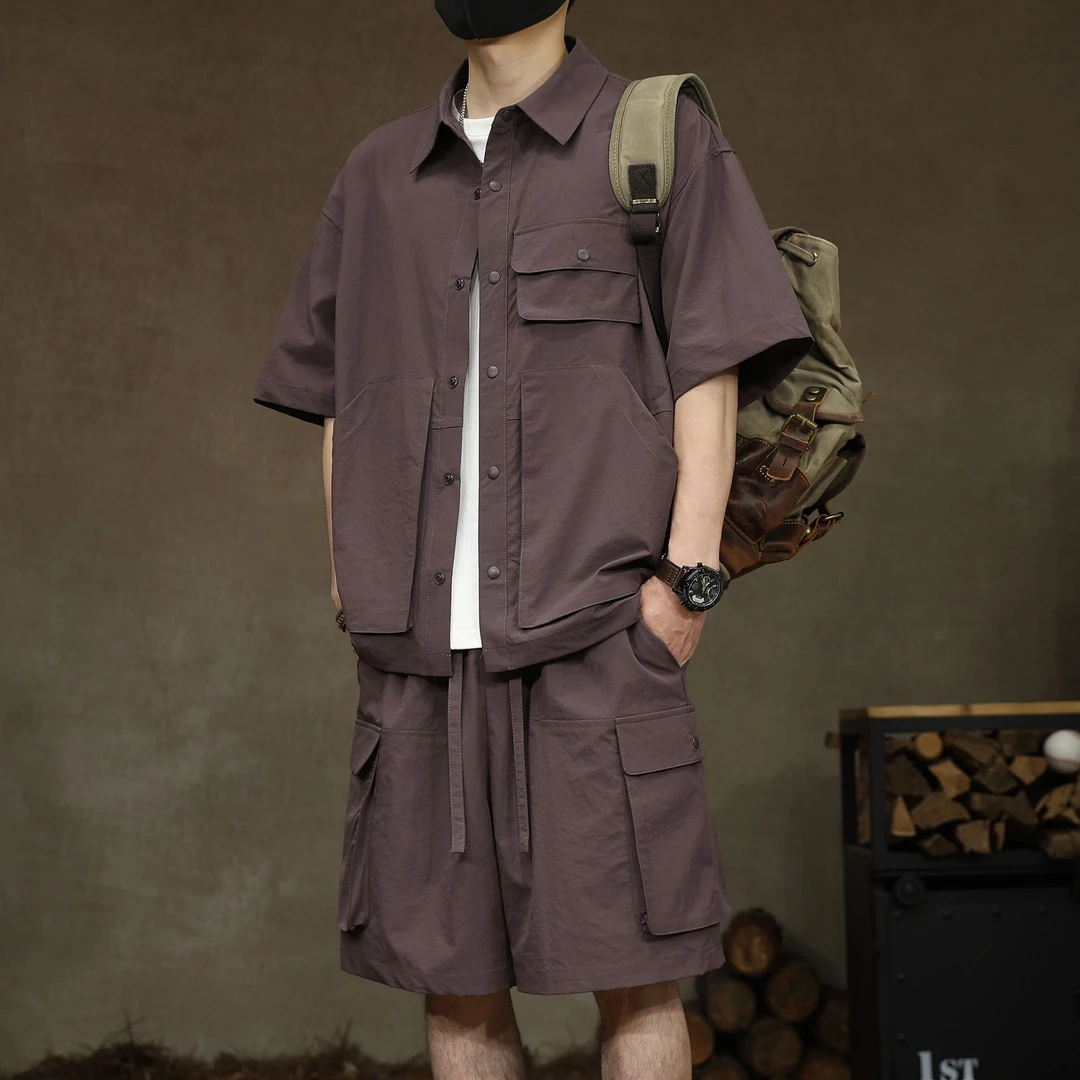 高端美式夏季新款短袖工装衬衫男士短裤一套时尚百搭上衣两件套装