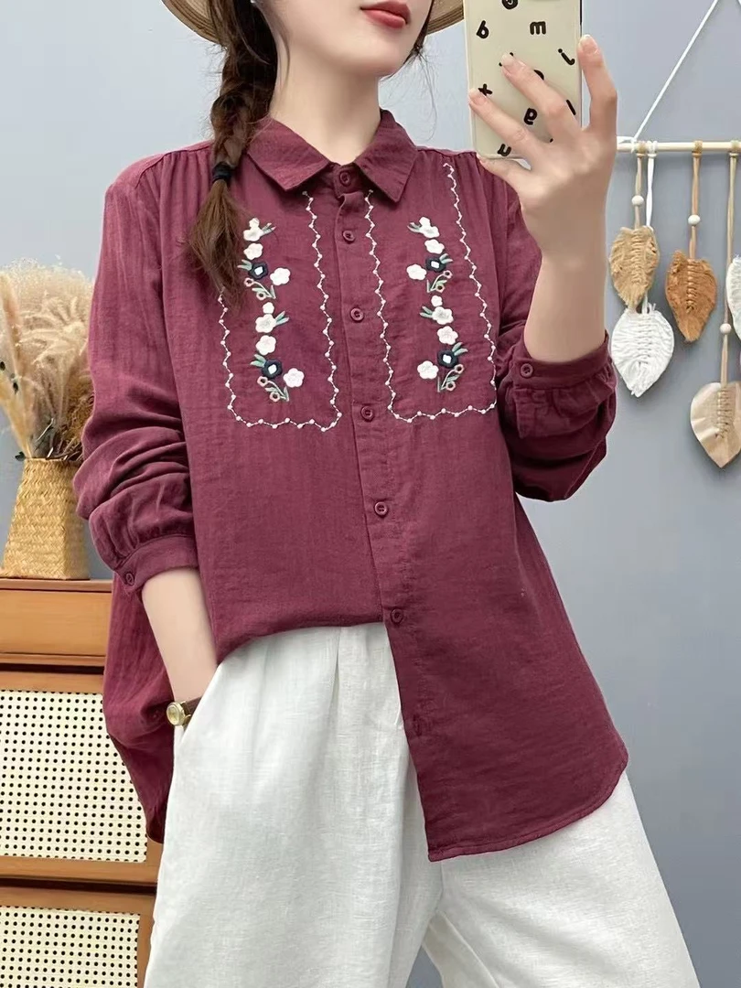2025新款花朵刺绣长袖衬衫尖领领休闲简约宽松百搭上衣女3854