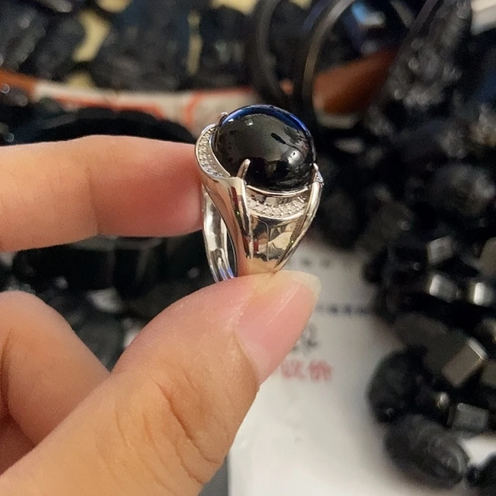 翡翠银S925镶嵌戒指墨翠