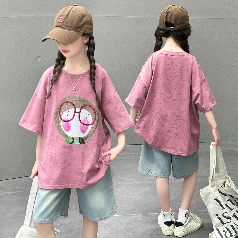 童装女童夏季甜美韩版短袖2025新款中大儿童时尚薄款休闲牛仔中裤