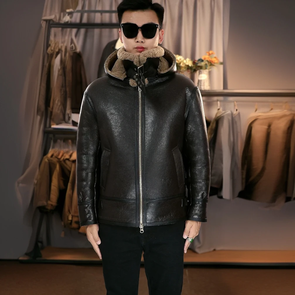 意大利托斯卡纳醇酯浆染重工水洗羊皮毛一体可拆卸帽款冬装外套男