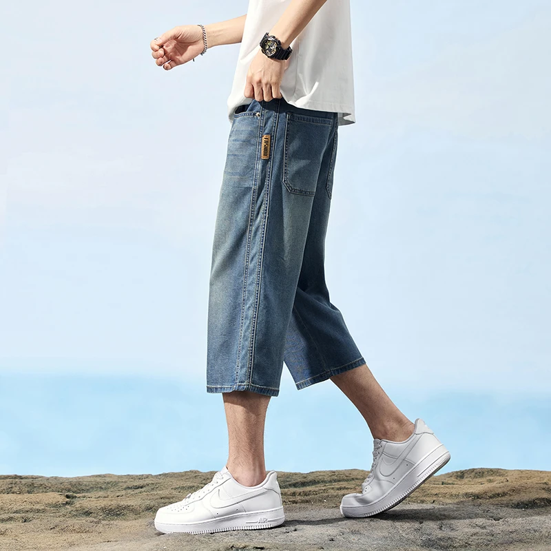 莱赛尔天丝七分牛仔中裤男夏季薄款复古宽松直筒冰丝凉感休闲短裤