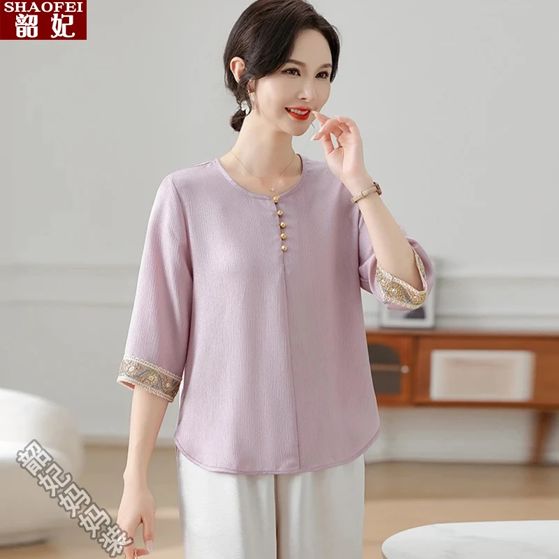 母亲节2025新款时尚妈妈夏装套装中老年女装上衣宽松中年人两件套