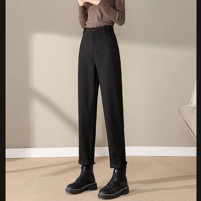 大码女装2025新款毛呢裤子女秋冬高腰宽松黑色九分萝卜老爹哈伦裤
