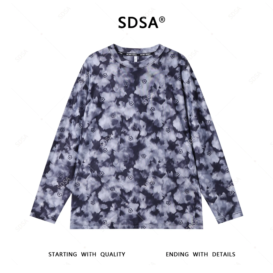 SDSA夏季新款男士痞帅扎染水墨花朵图案设计圆领长袖T恤舒适休闲