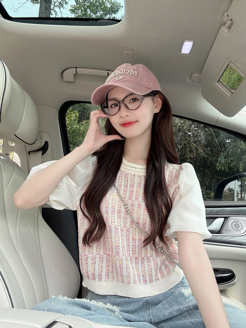 时尚百搭短袖T恤小香风2025夏季新款设计感雪纺拼接针织衫上衣女