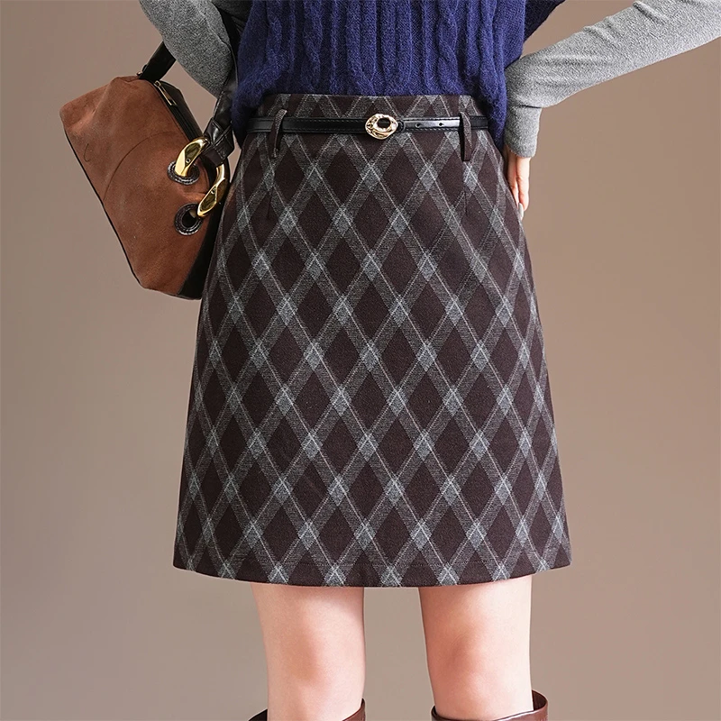 气质毛呢格子半身裙女秋冬新款高腰显瘦a字短裙遮胯防走光一步裙