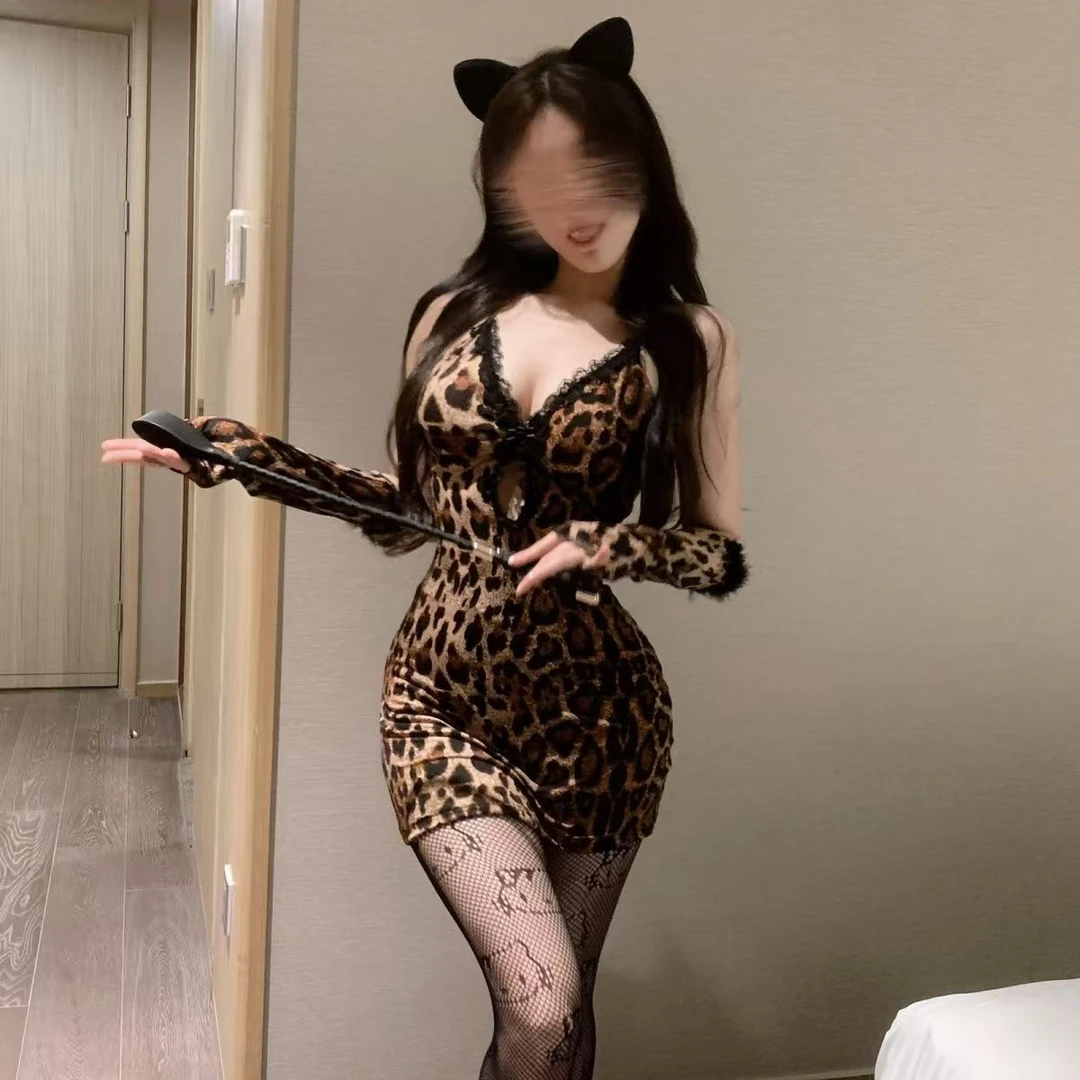 性感豹纹夜店风吊带连衣裙收腰蕾丝显瘦制服套装包臀裙子御姐气质