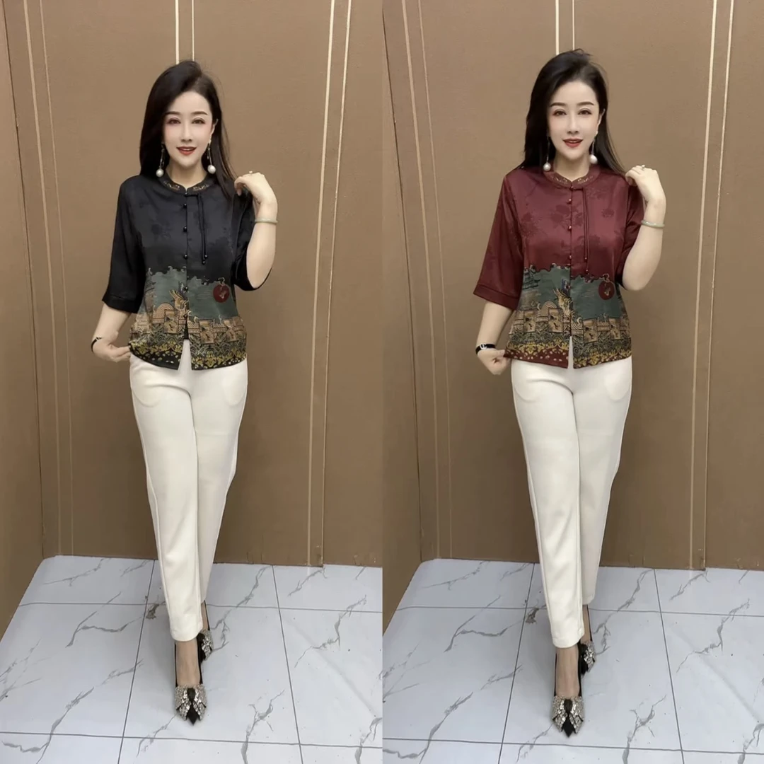 阔太太高端夏季国风妈妈装洋气大码衬衫遮肉旗袍开衫薄款上衣