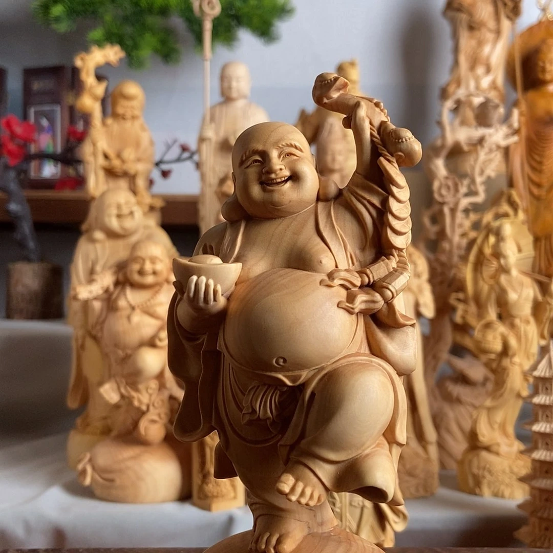 木木小叶黄杨木雕元宝如意弥勒