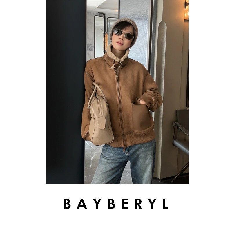 卷FF-BAYBERYL老贝罗伦*拼接时髦百搭立领冬一体皮衣PY5H2803