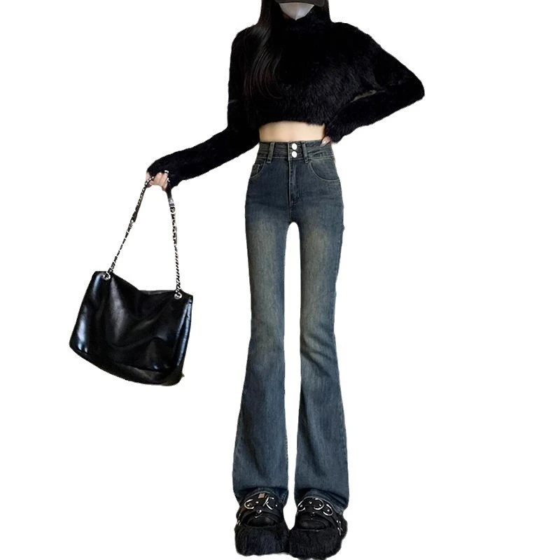 水泥灰复古微喇叭牛仔裤女秋冬2024新款小个子高腰显瘦马蹄裤春秋