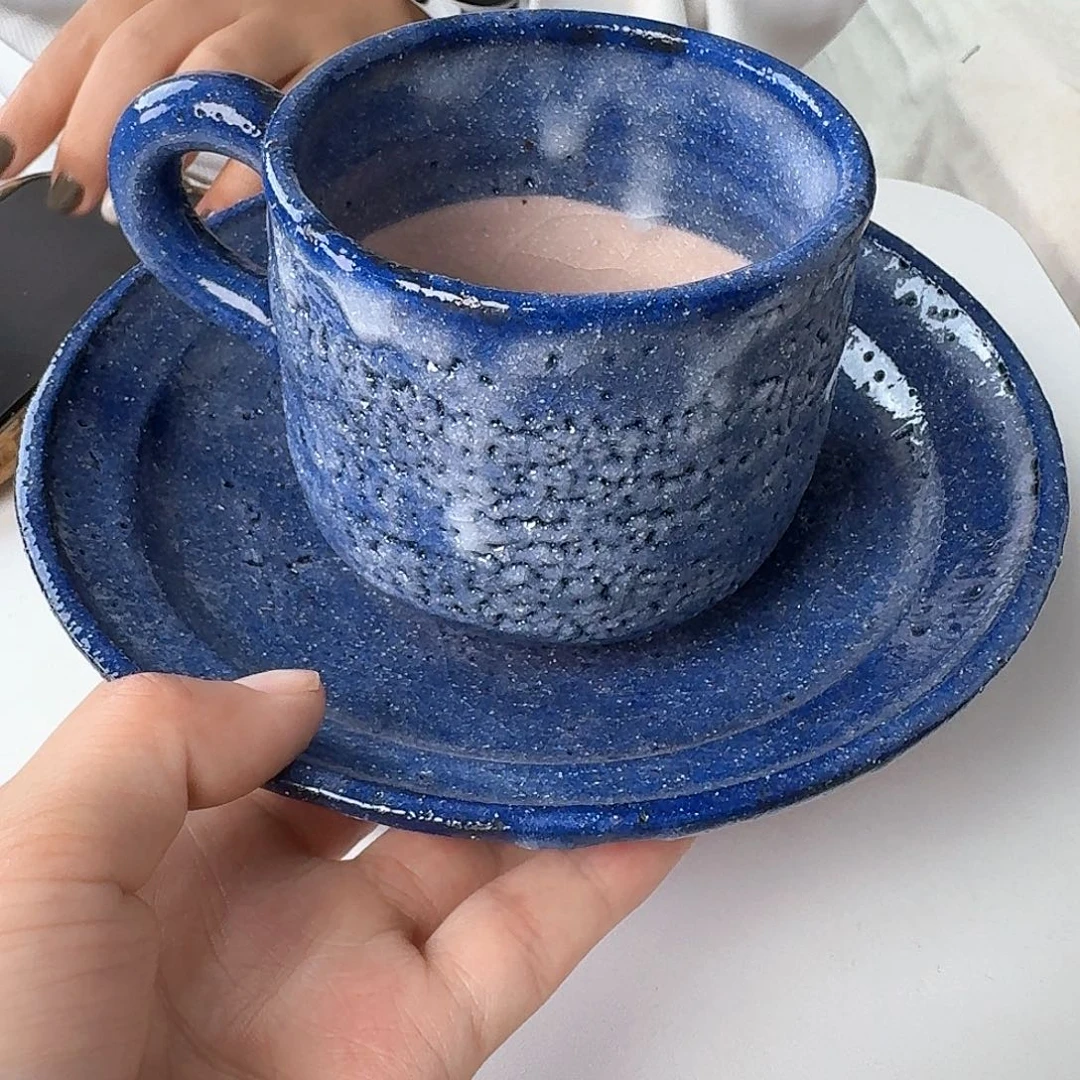 瓷片志野烧蓝色咖啡杯碟