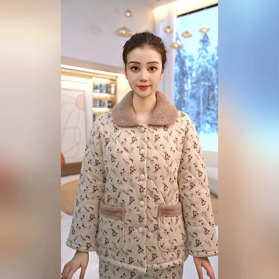 秋鹿针织印花夹棉扣领女套时尚保暖冬季家居服