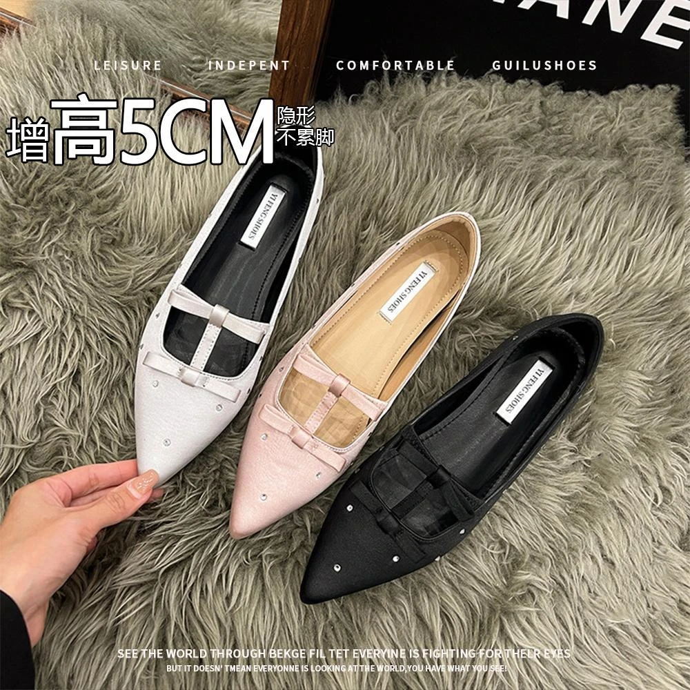 小个子~内增高5cm尖头水钻缎面玛丽珍女鞋浅口仙女风蝴蝶结单鞋