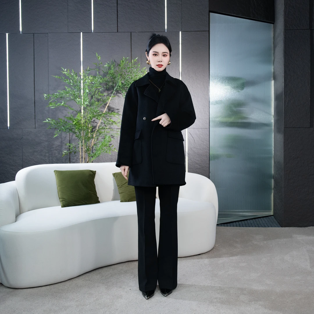 【丽爷】6810黑色毛呢外套