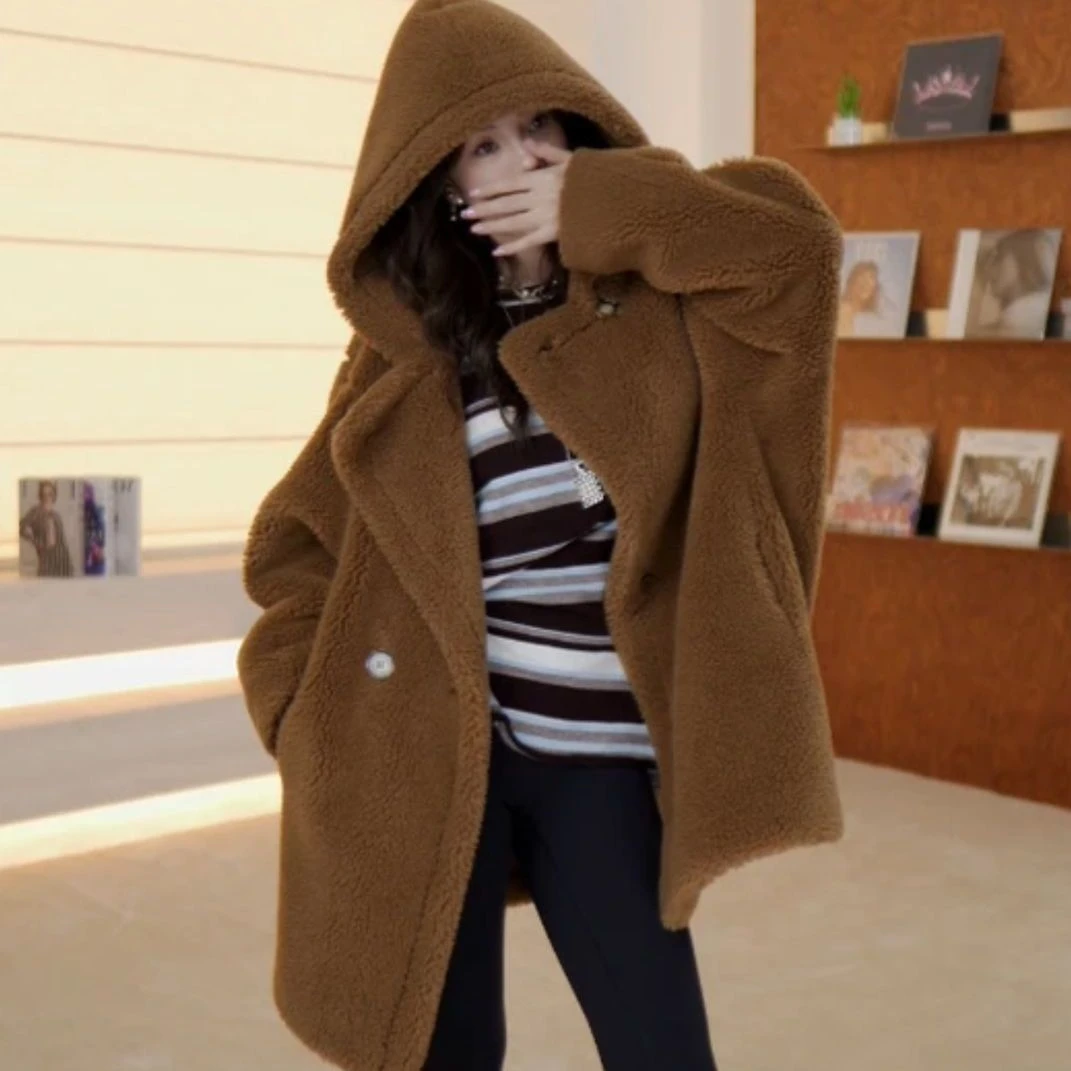 【奥莱断码】泰迪熊冬季新品泰迪连帽羊毛外套宽松百搭保暖中长款