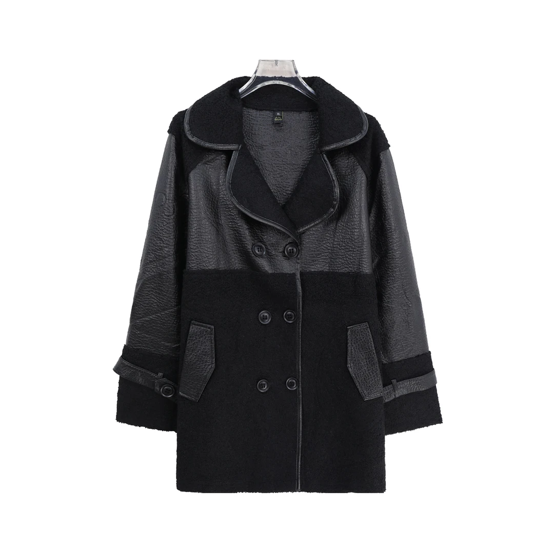 冬季中长款加绒加厚西装领两面穿拼接宽松外套X27532
