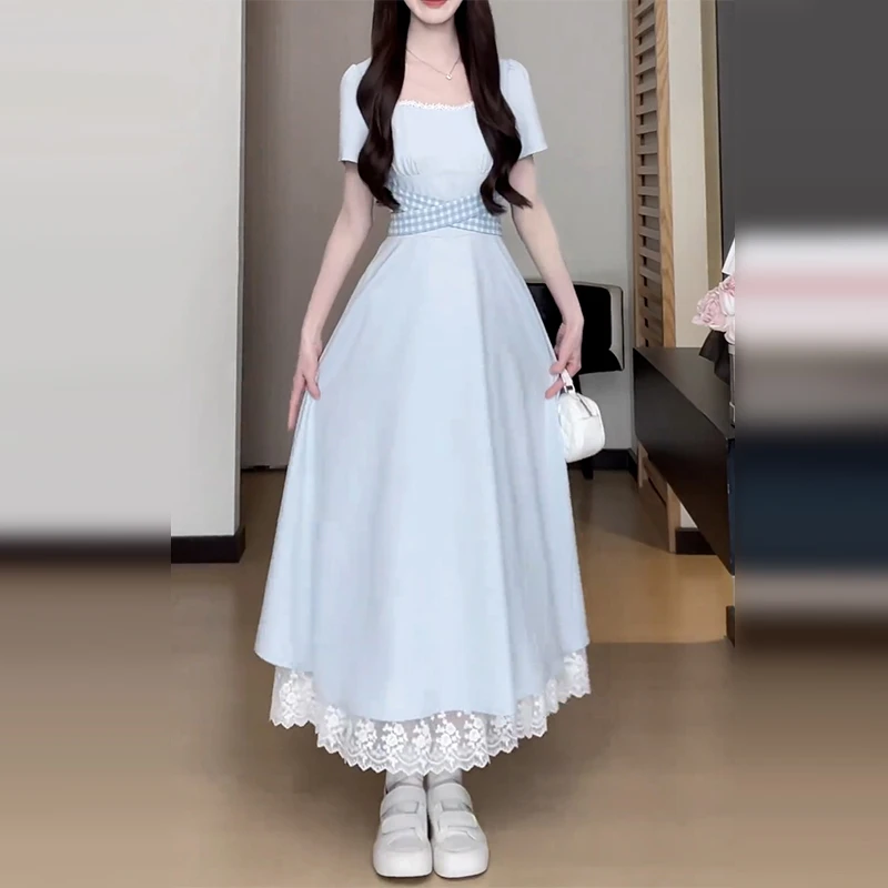 法式方领蓝色连衣裙子女夏季2025新款小个子气质修身海边度假长裙