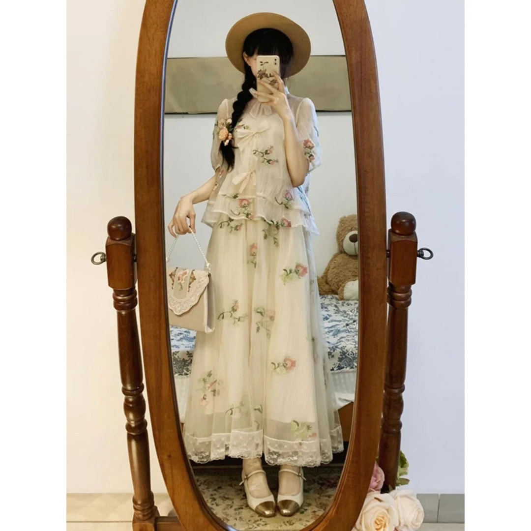 新中式复古套装甜美法式碎花上衣半身裙子两件套夏