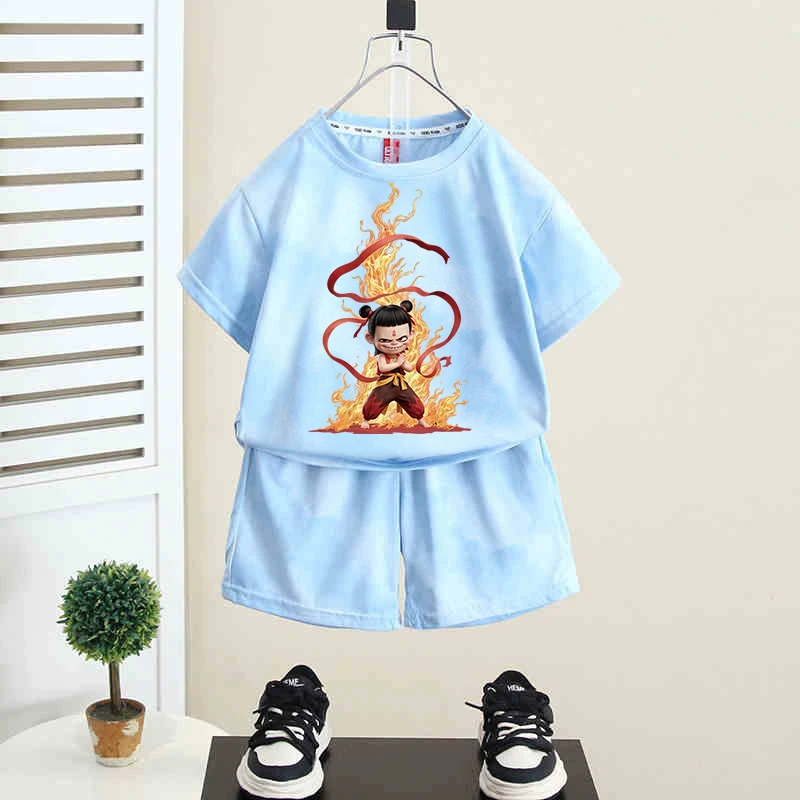 哪吒魔童闹海儿童夏季新款扎染短袖T恤套装2025新款中小童两件套