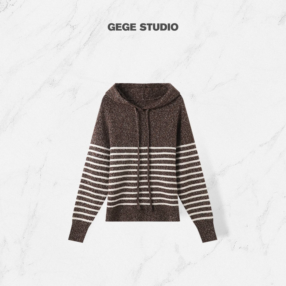 【格格】复古条纹拼色设计连帽软糯保暖气质显瘦毛衣