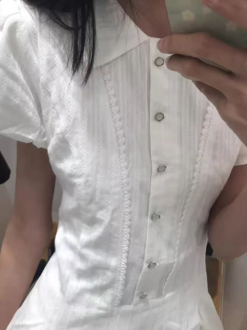 甜美初恋风白色衬衫连衣裙小个子收腰a字短裙