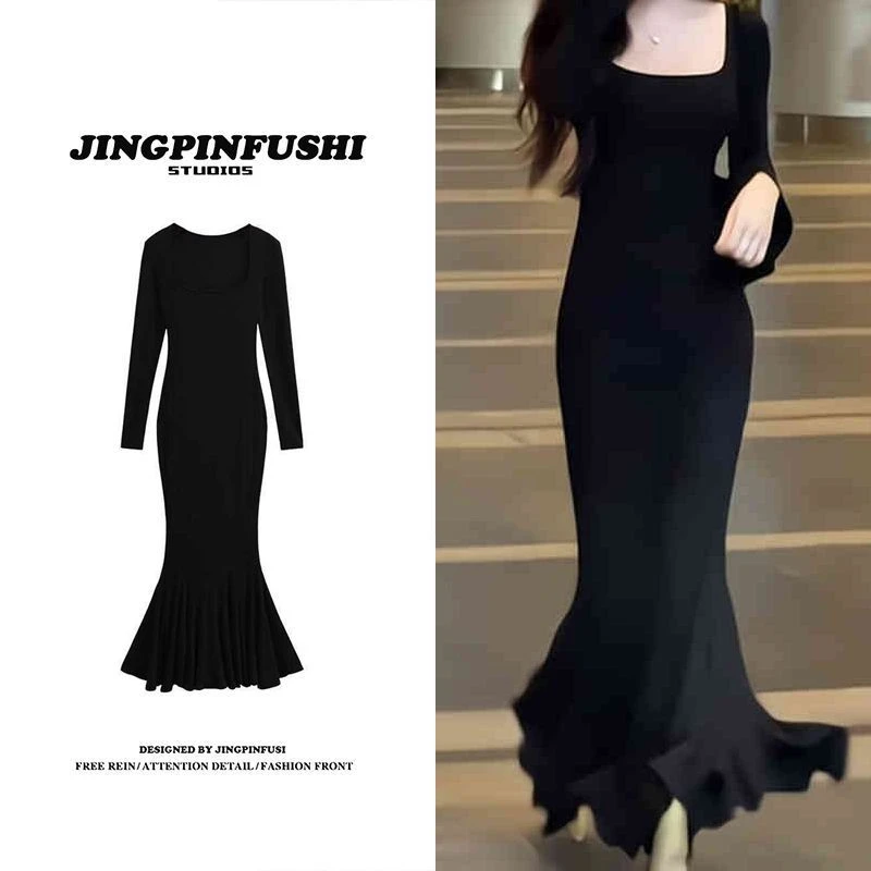 【黑天鹅】赫本风黑色长袖荷叶边连衣裙子女春秋装鱼尾包臀长裙子