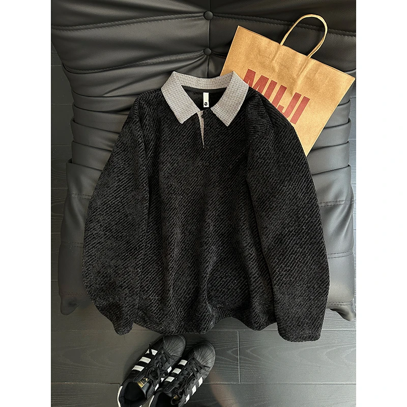 美式千鸟格小香风卫衣男秋冬加绒polo衫长袖t恤潮牌针织打底上衣