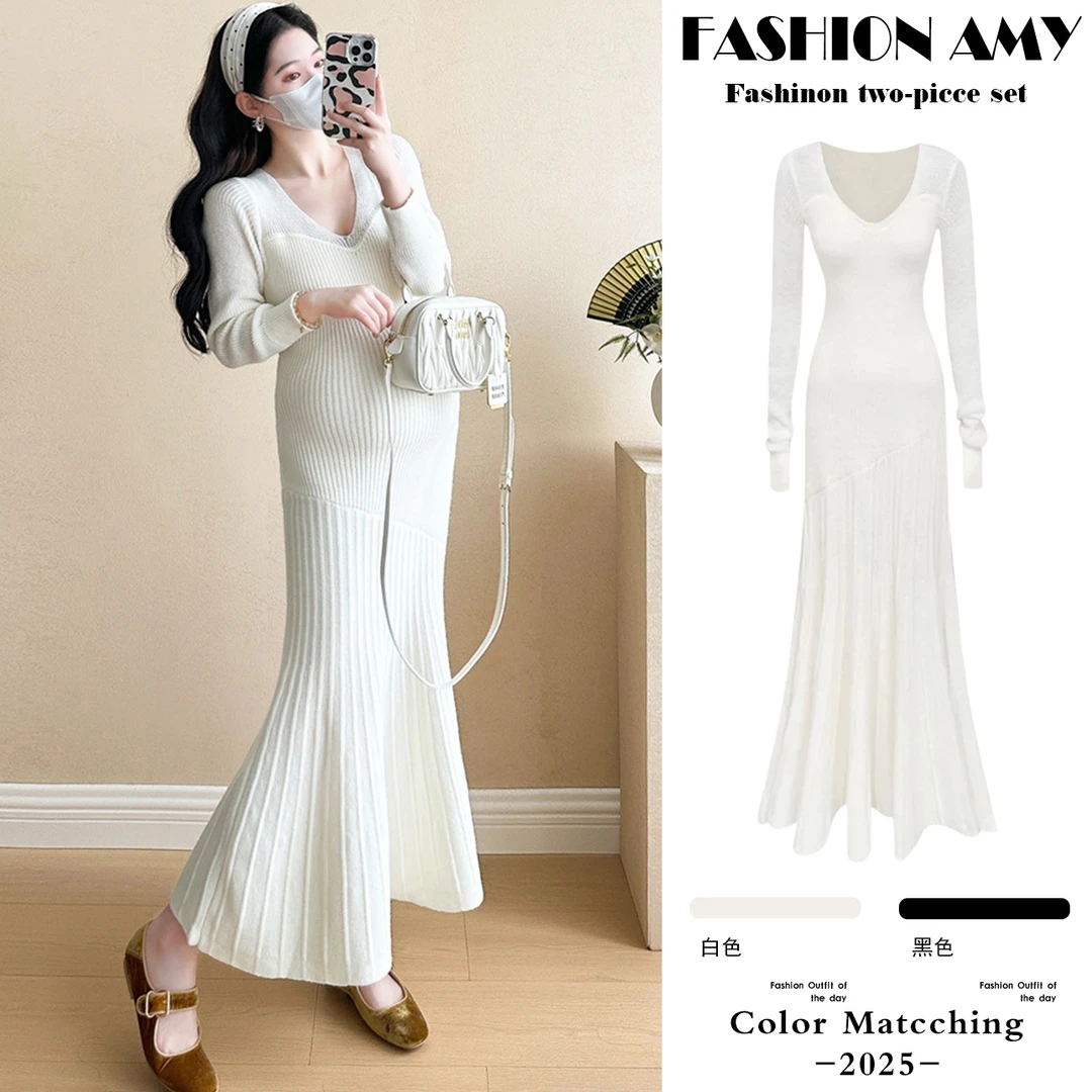 孕妇连衣裙秋冬新款气质法式御姐风辣妈显瘦针织内搭包臀鱼尾裙子