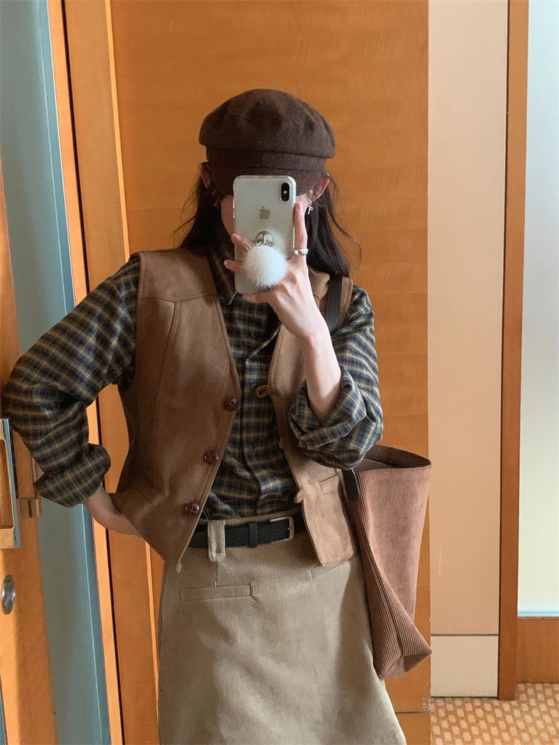 【实拍 2025春韩系复古格纹长袖衬衫女+麂皮百搭无袖马甲两件套装
