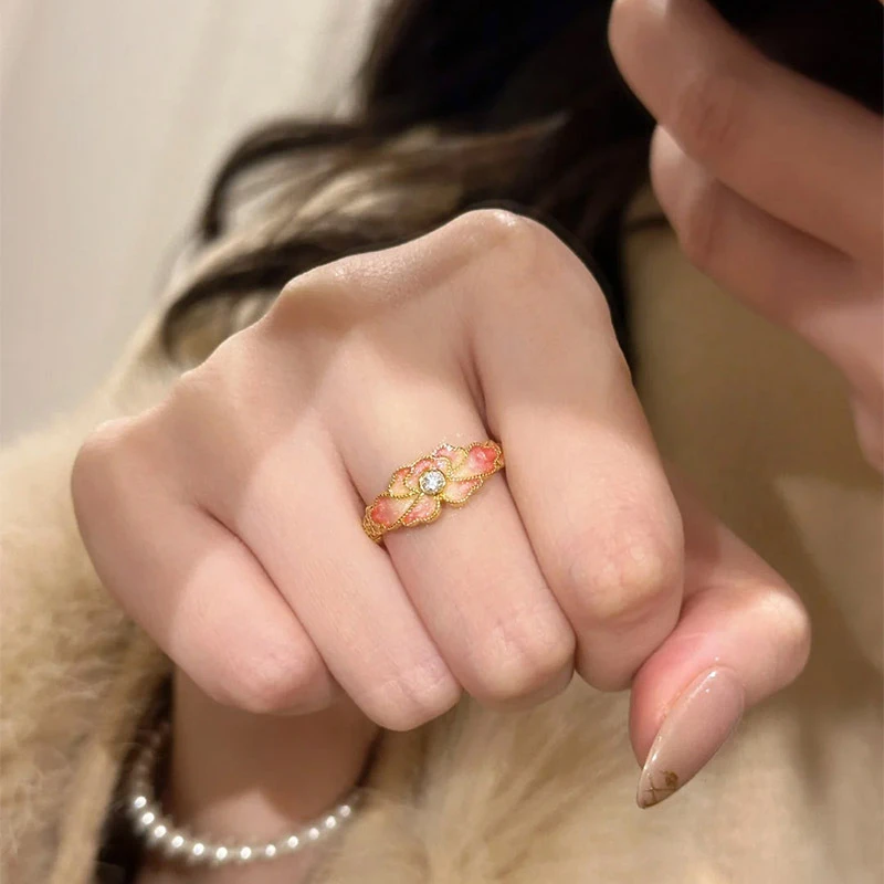 925银戒指 925银珐琅芍药花开口戒指国风粉色渐变花朵指环送礼物