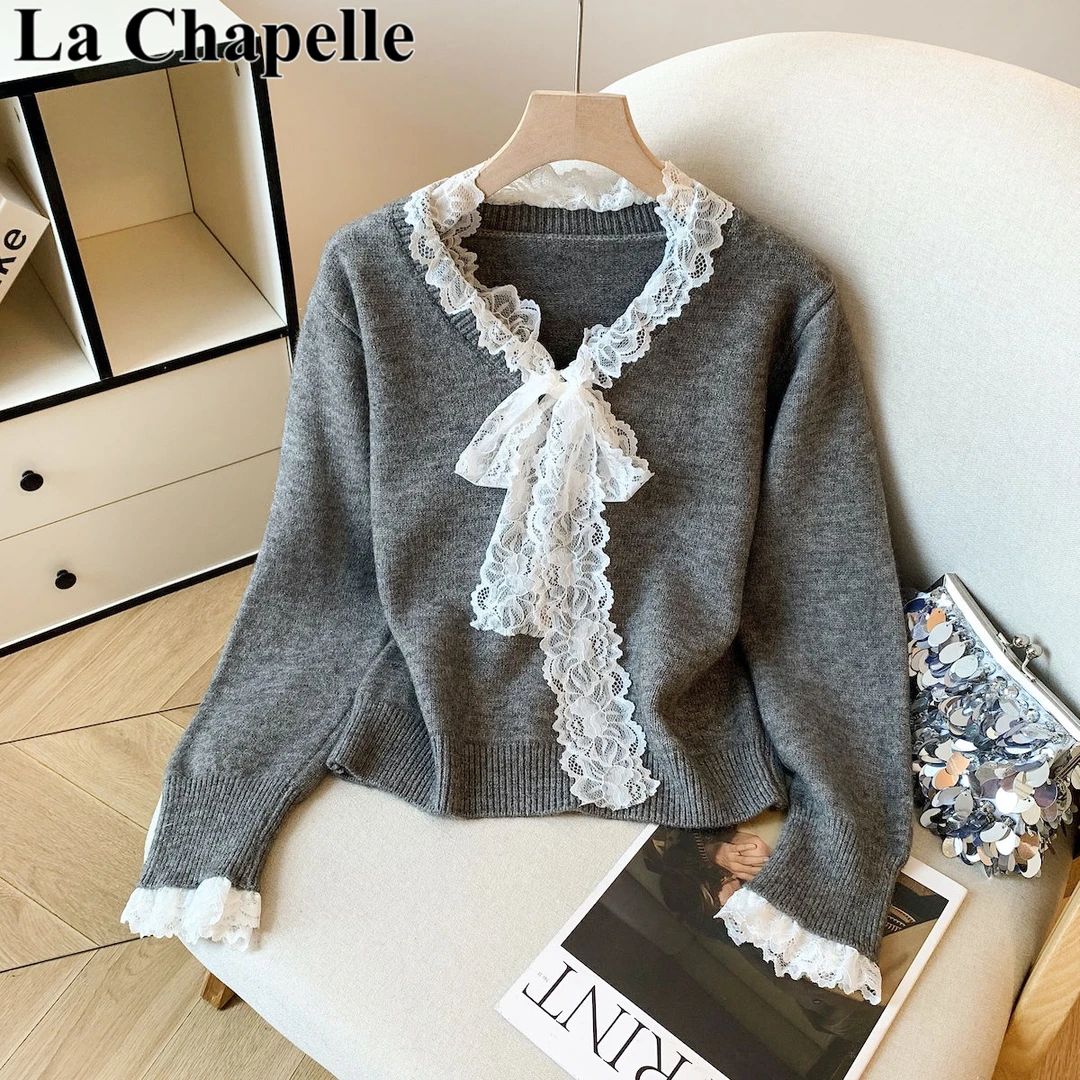 拉夏贝尔时尚气质女装蕾丝花边V领毛衣秋冬季慵懒风宽松针织上衣