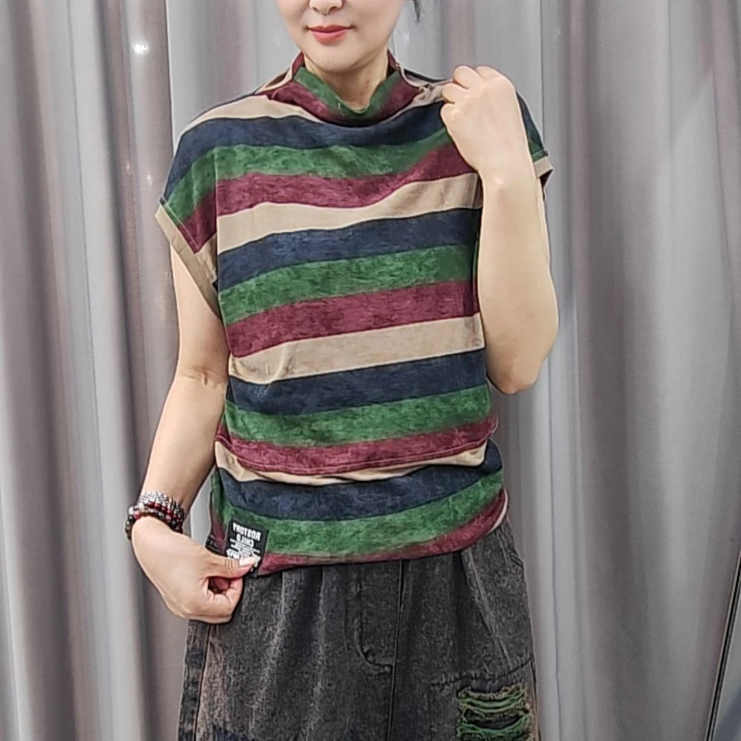 运动潮流风印花民族风立领高领宽松型T恤圆领打底衫