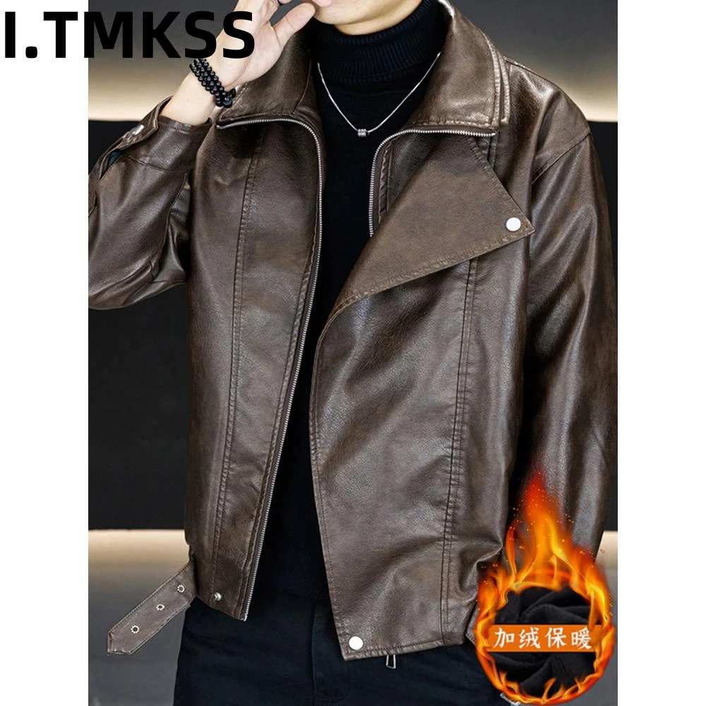 2026冬季新款翻领假两件皮衣男士加绒加厚休闲高端蜡染皮夹克外套