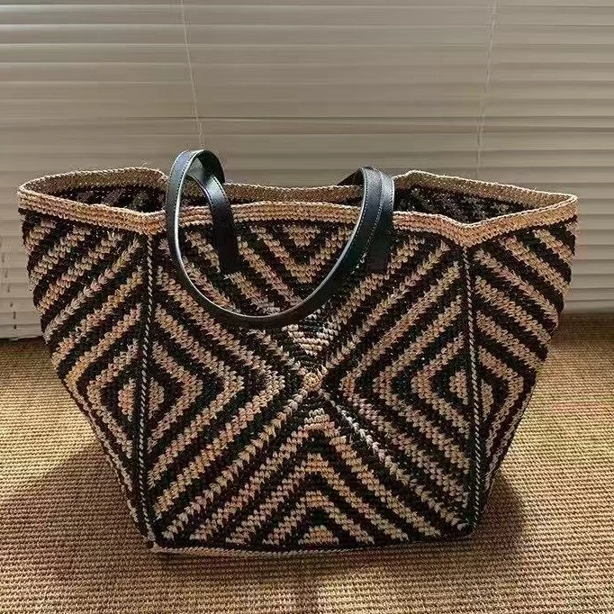 何碧碧HB【雅格墨条】时尚单肩百搭草编手钩拼色托特包