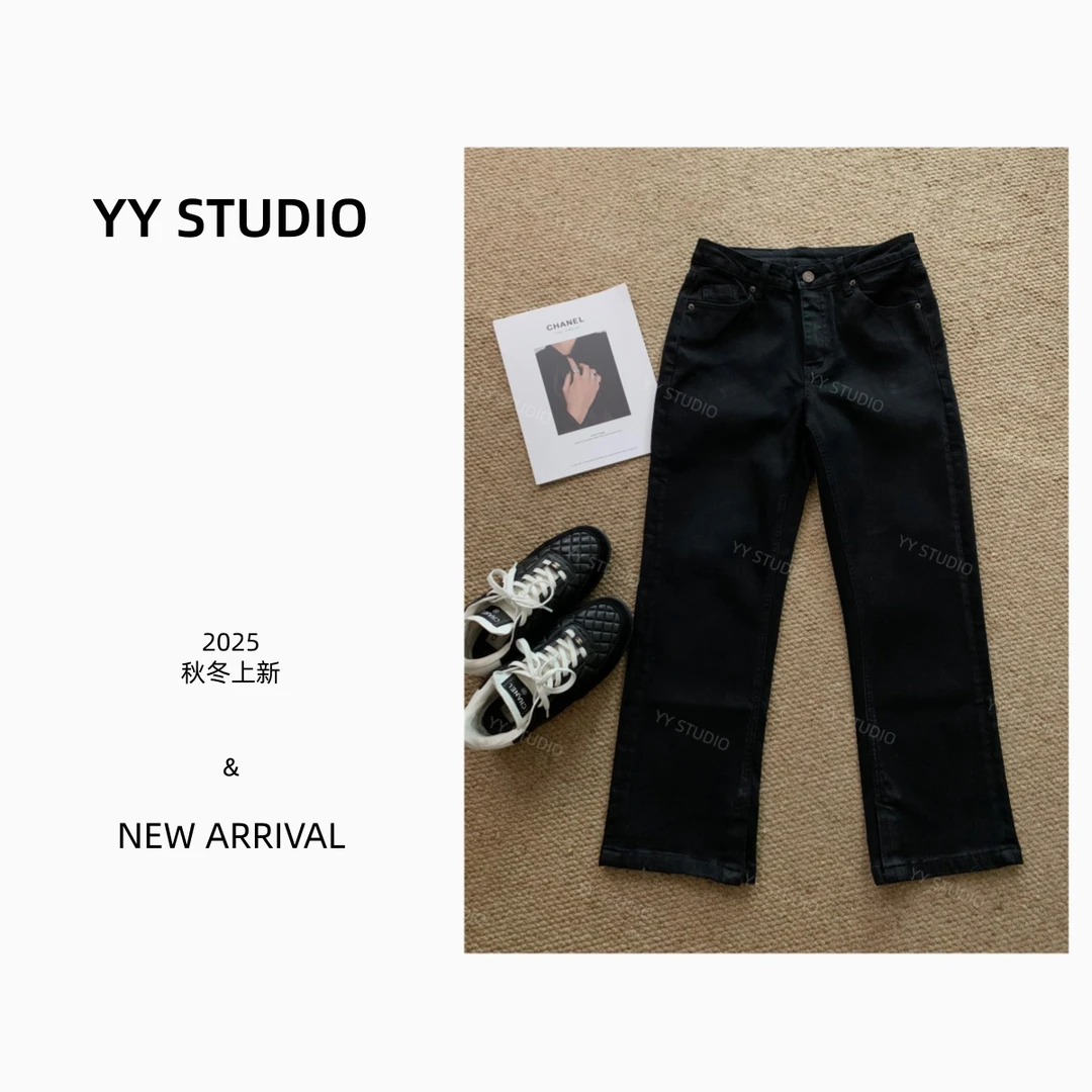 【YY STUDIO】秋冬时髦感水洗复古直筒微弹韩版黑牛百搭加绒九分裤