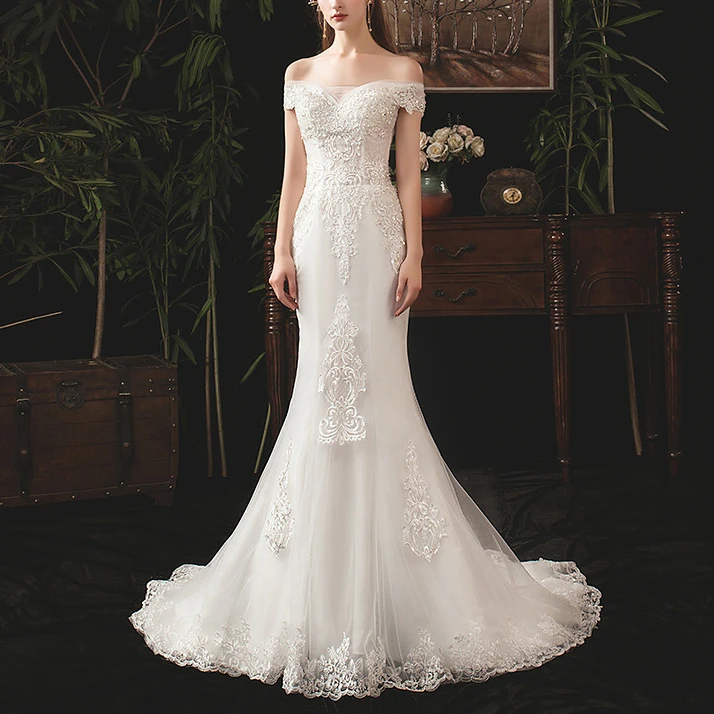 2025新款小个子新娘鱼尾轻婚纱一字肩森系出门纱法式简约显瘦清新