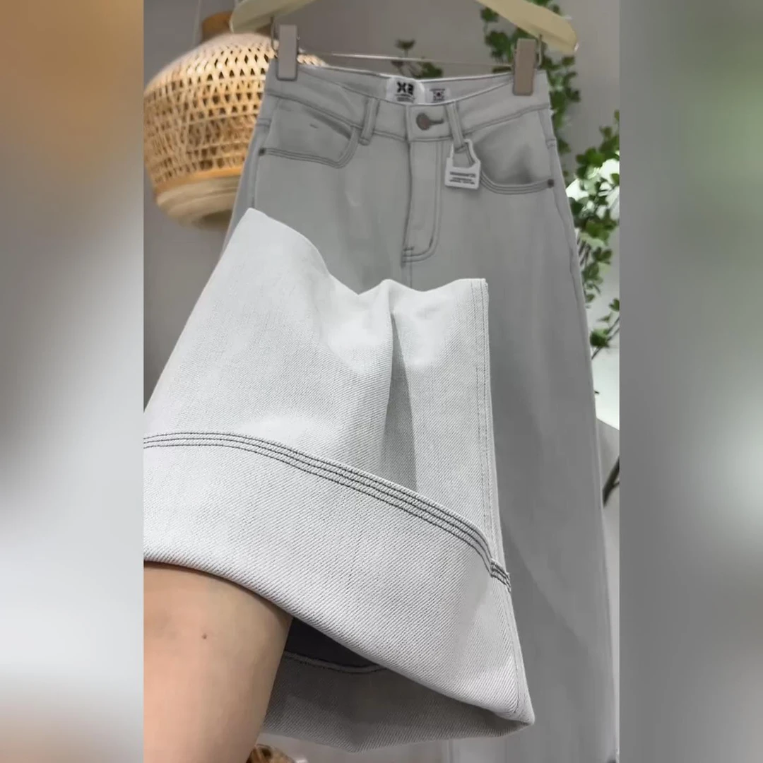 浅色阔腿牛仔裤女春夏季2025年新款高腰宽松显瘦裤子椰子白小个子