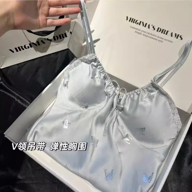 2025新款性感蝴蝶吊带睡衣女款纯欲风睡裙带胸垫甜美冰丝绸家居服